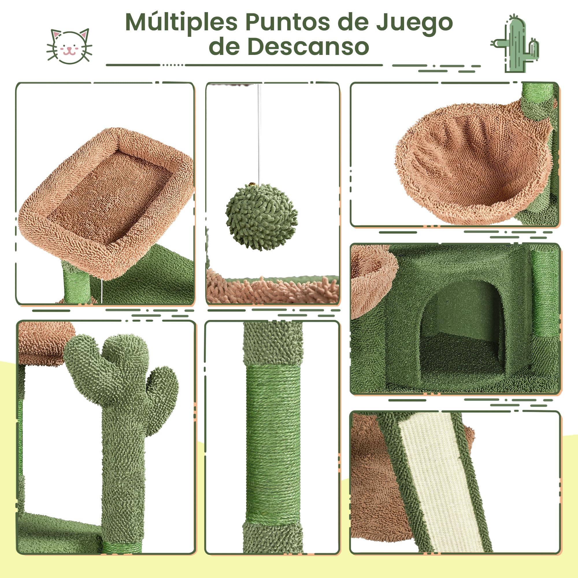 Yaheetech Árbol Rascador para Gatos Verde Cactus 42,5x42,5x106,5cm Torre para Gato Árbol para Mascota Estable de Varios Niveles con Canasta Verde y Marrón