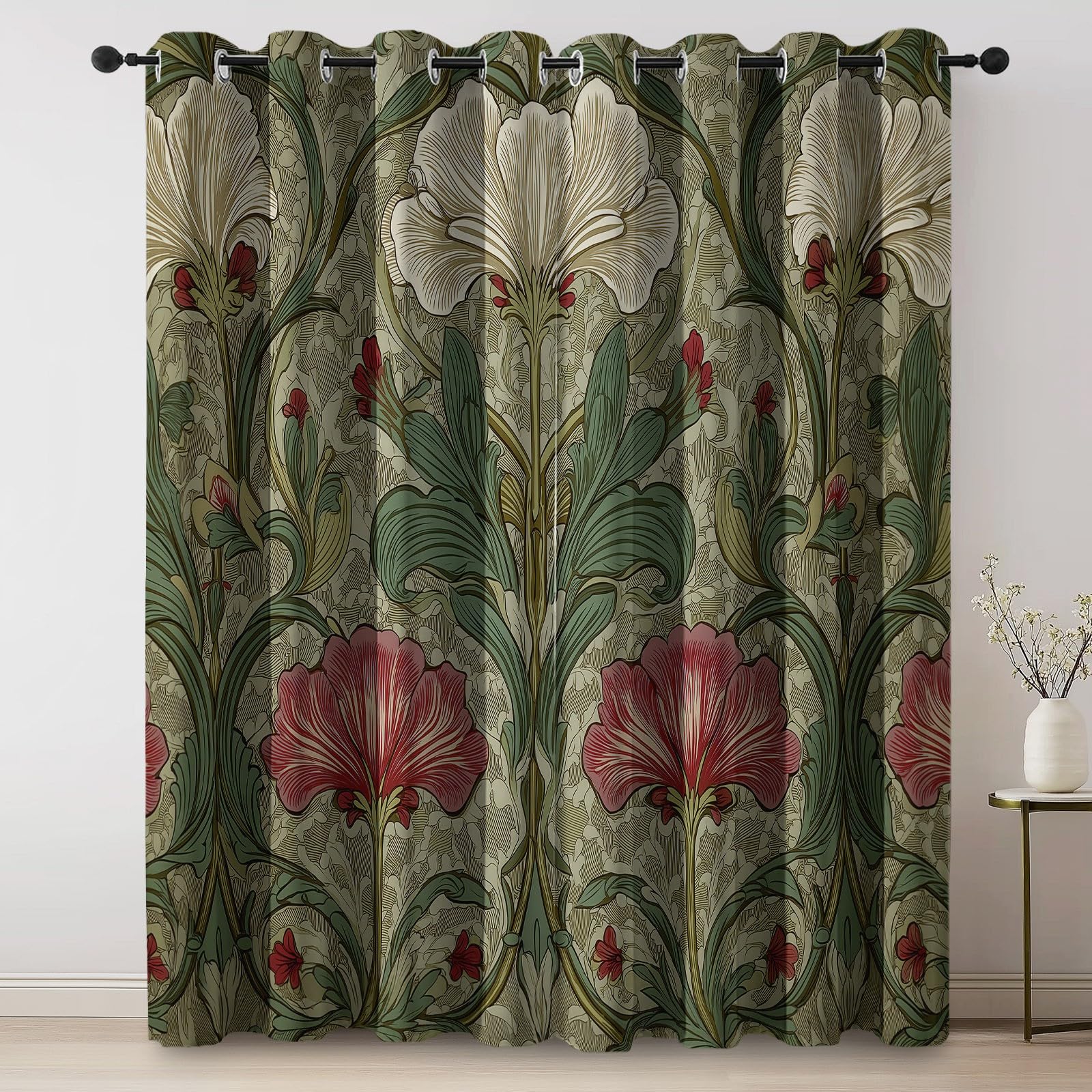 Rideaux Occultants William Morris Rétro Fleurs - Anti Chaleur Rideaux à œillets pour Chambre à Coucher, 2 Panneaux Isolation Thermique Rideau de Fenêtre pour Salon 70 L x 160 H cm, Vert Foncé
