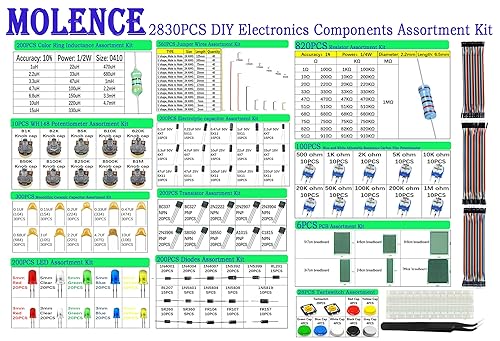 Miniatura 2 de Molence Kit de 2830 piezas de componentes electrónicos para bricolaje, resistencias, inductores, condensadores, LED, triodo, PCB, potenciómetro,
