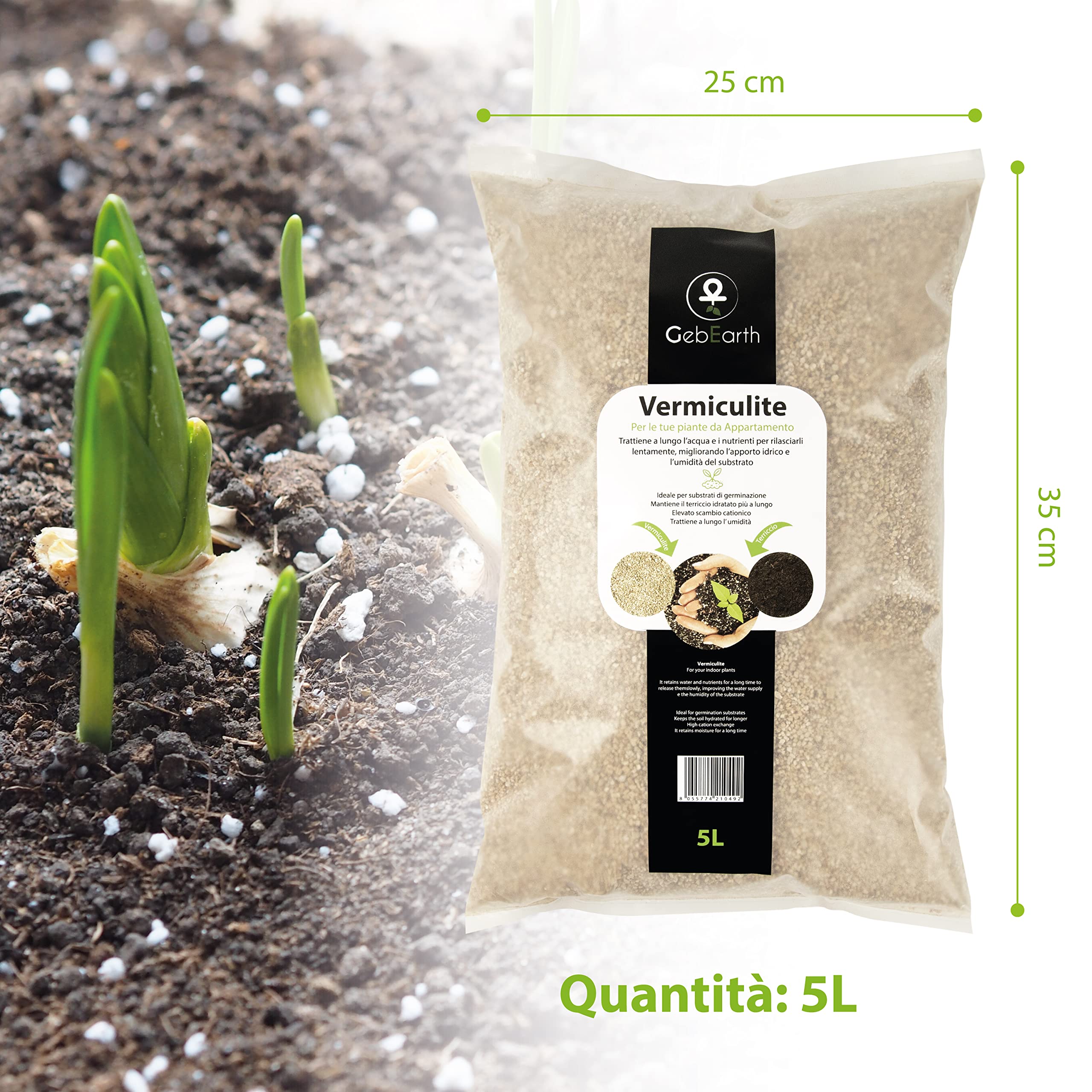 GebEarth® - Vermiculita Expandida Fina, sustrato ideal para la germinación, estimula el crecimiento y desarrollo de las plantas jóvenes, aumenta la humedad y la disponibilidad de agua del sustrato[5L]