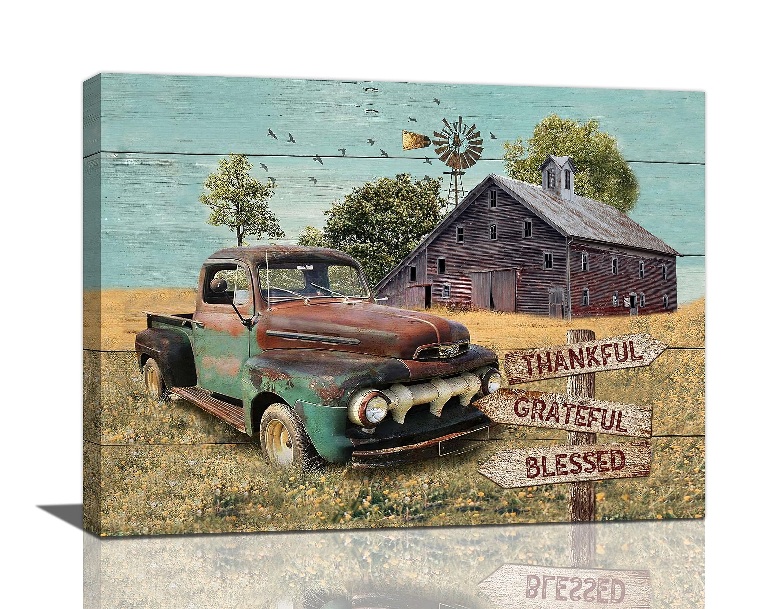 Farmhouse Teal Truck Wall Art Country Windmill Old Barn Pictures Wall Decor Canvas Prints Framed Modern Farm Painting Artwork for Bathroom Living Room Dining Room Bedroom Kitchen Office 16"x12"