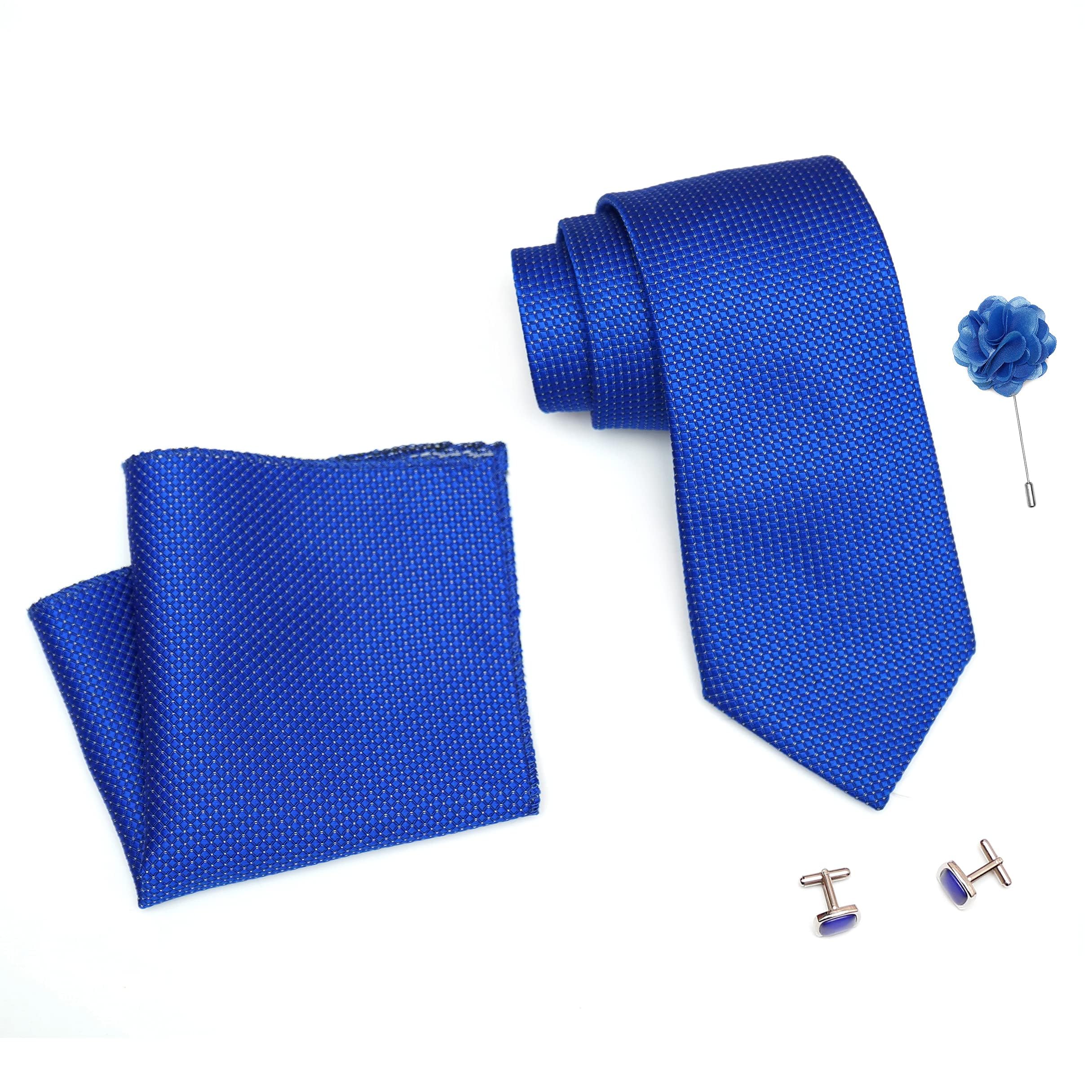 calixto Mens Plain Dotted Silk Necktie Gift Set With Pocket Square Cufflinks & Brooch Pin Tie For Men Formal With Leatherite Box | (Leather Gift Box) (Pack of 4)-picture-10