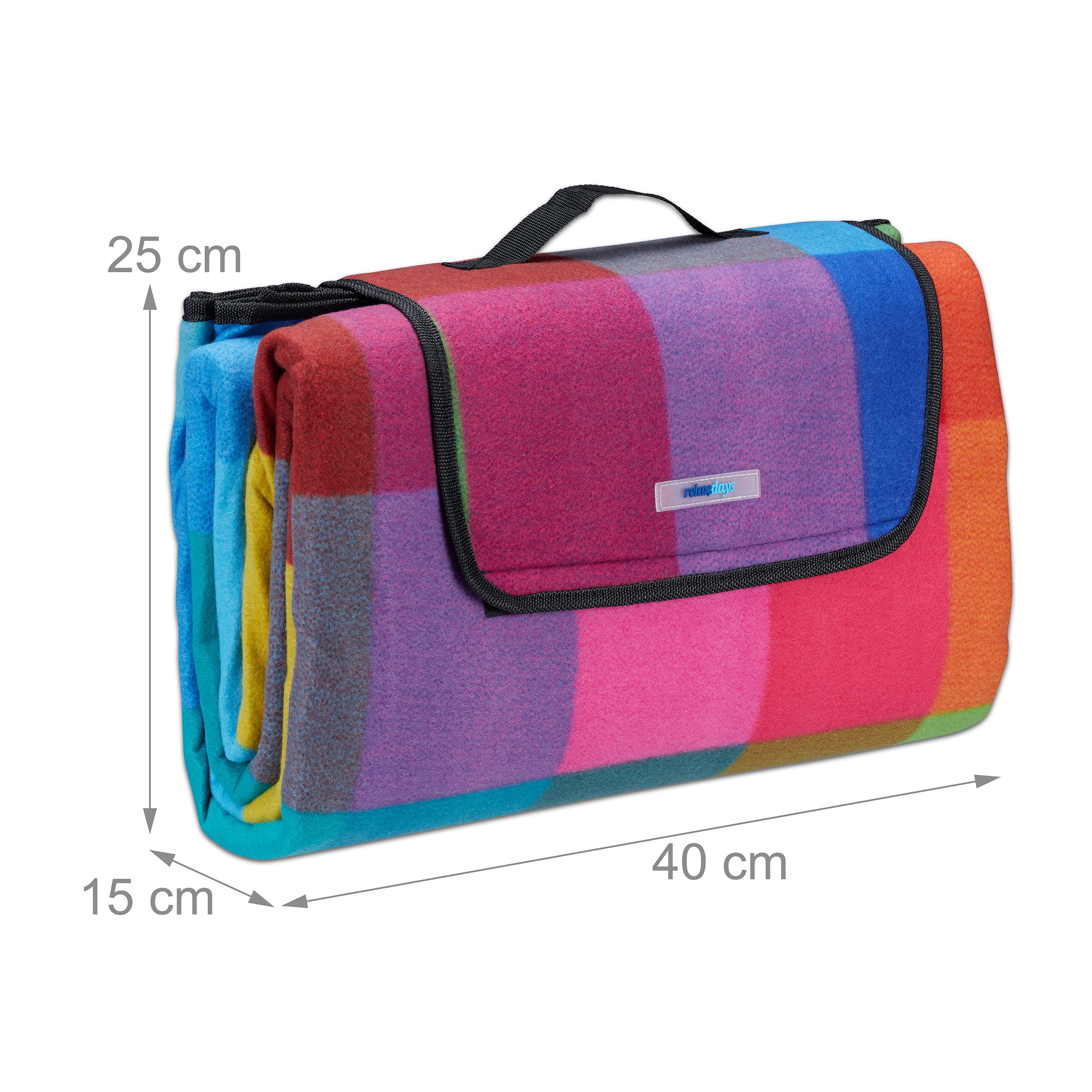 Relaxdays Picknickdecke XXL, 200 x 200 cm, Fleece Stranddecke, wärmeisoliert, wasserdicht, mit Tragegriff, bunt kariert, schwarz-rot