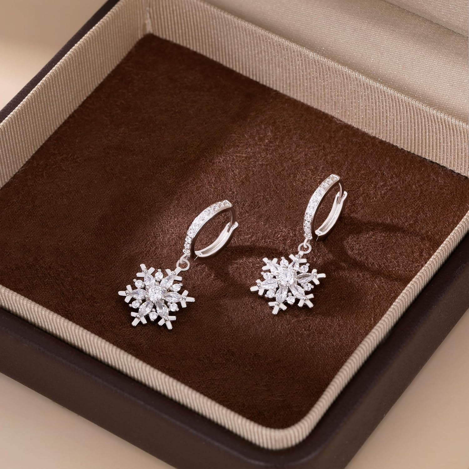 SLUYNZ 925 Sterling Silver CZ Snowflake Hoop Earrings for Women Teens Christmas Snowflake Hoop Earrings Huggie