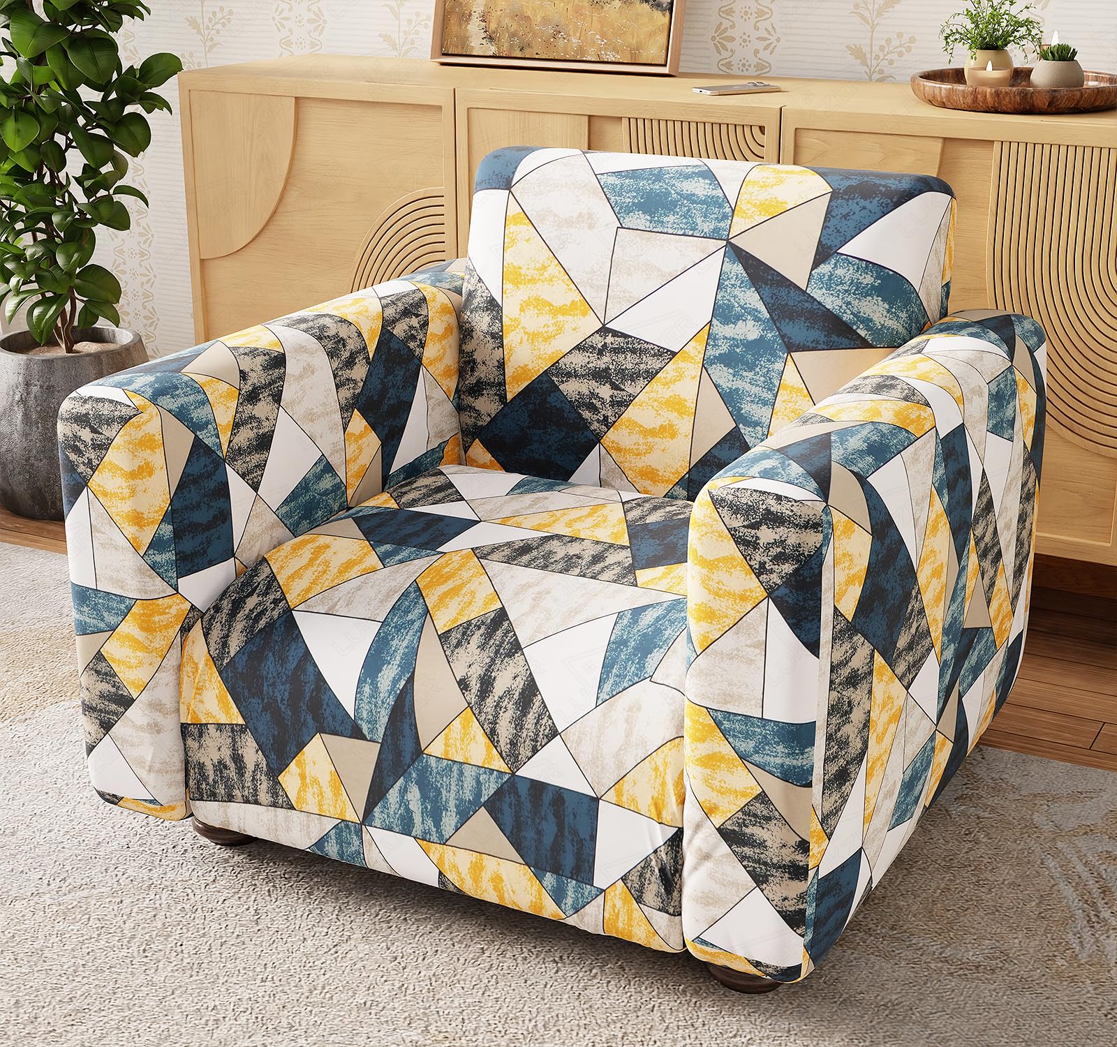 Lukzer 1 Seater Prism Yellow Universal Sofa Cover | 360° Fully Covered Anti-Slip Washable Couch Cover Protecter | 140 GSM Stretch Fit Polyester + Spandex Slipcover (90-140cm/SC-047-01)
