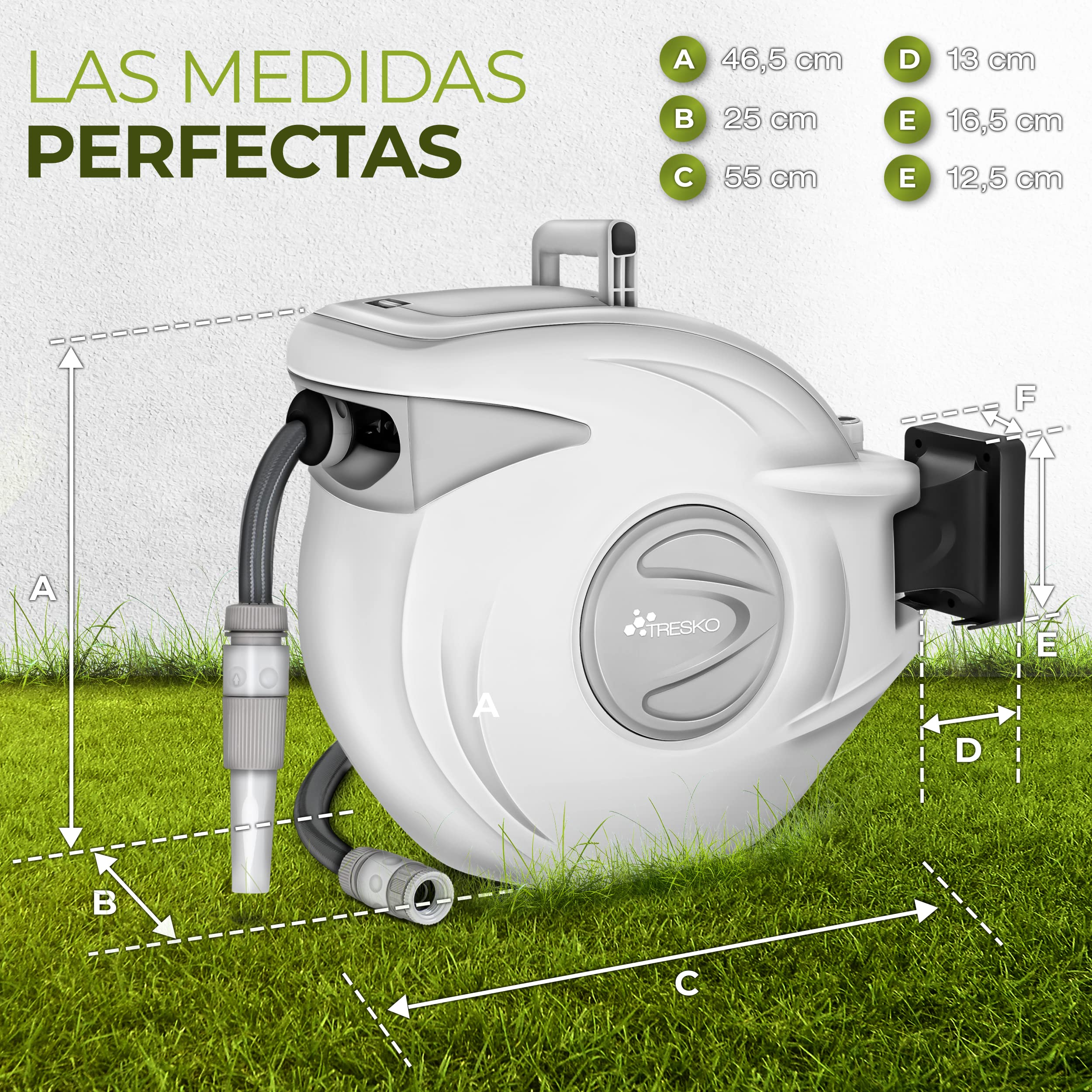 TRESKO® Carrete para Manguera 30+2m | Carro Enrollador de Manguera de Pared | Con Manguera | Automático | Incl. Soporte de Pared, Pistola de Riego y Material de Montaje