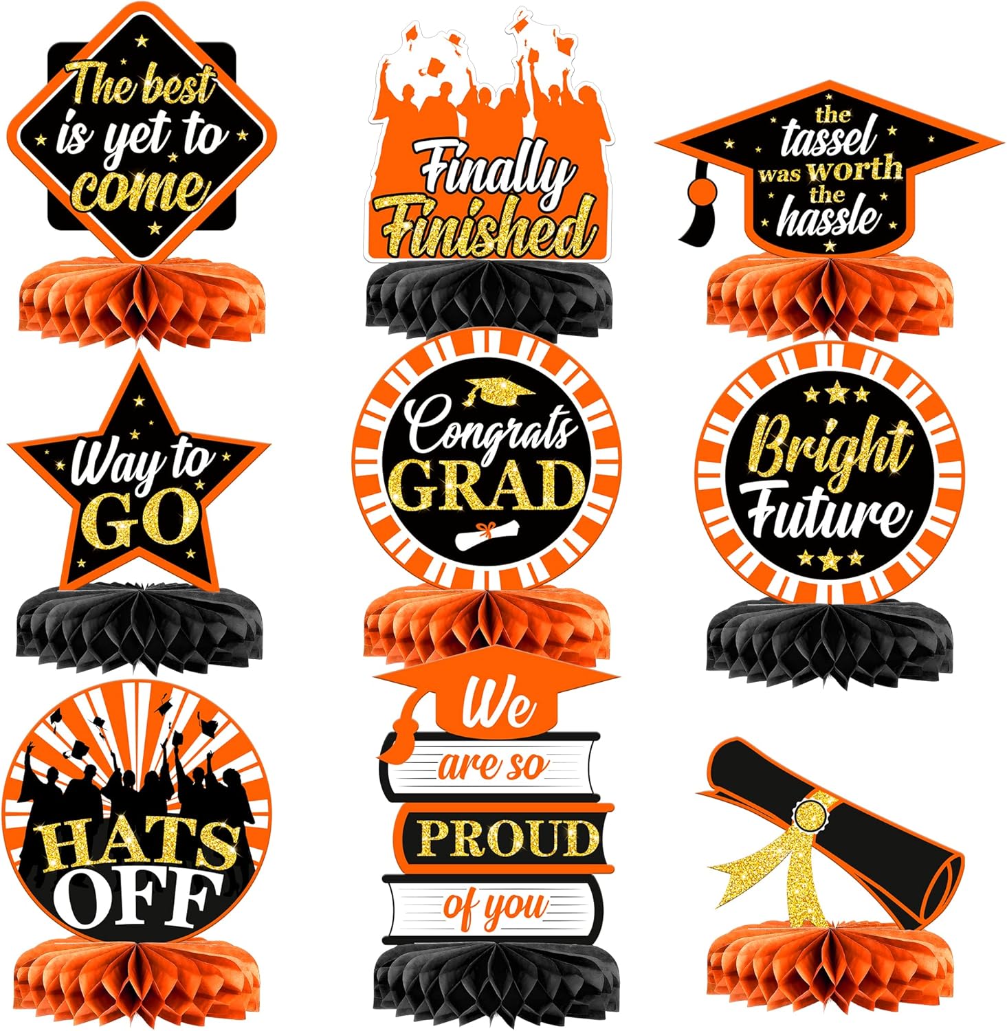 KatchOn, Orange and Black Graduation Centerpieces for Tables 2026 - Pack of 9 | Black Graduation Centerpieces 2026 for Graduation Decorations 2026 | Orange and Black 2026 Graduation Decorations