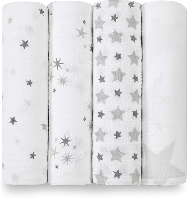 aden + anais Star Swaddle Blanket - Pack of 4 | Large 100% Breathable Muslin Cotton Snug Wrap Set for Baby Girls & Boys | Unisex Twinkling Stars Print Designs | Newborn & Infant Sleep Essentials