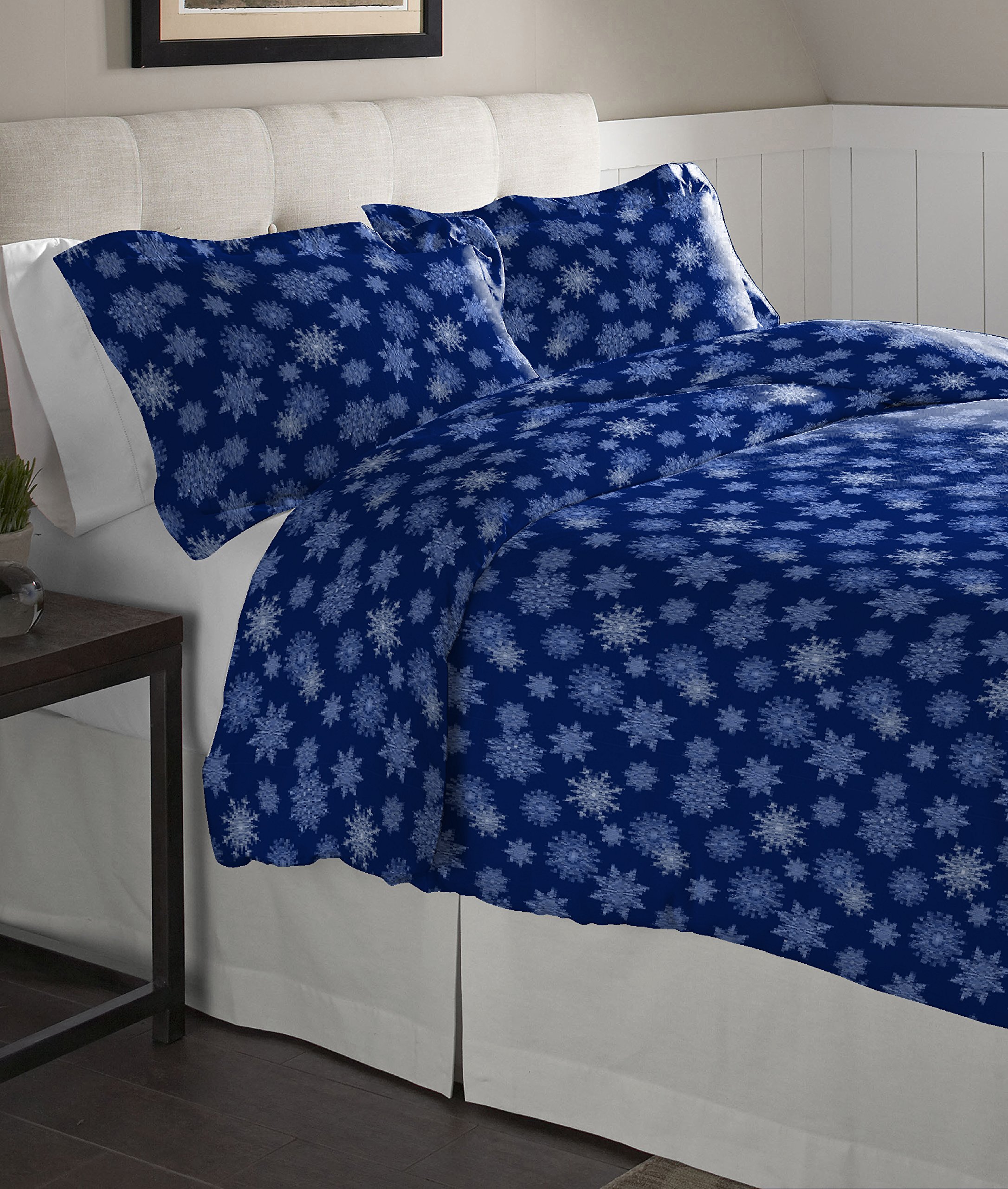 PointehavenFlannel Oversized Duvet Set, King, Snow Flakes Navy