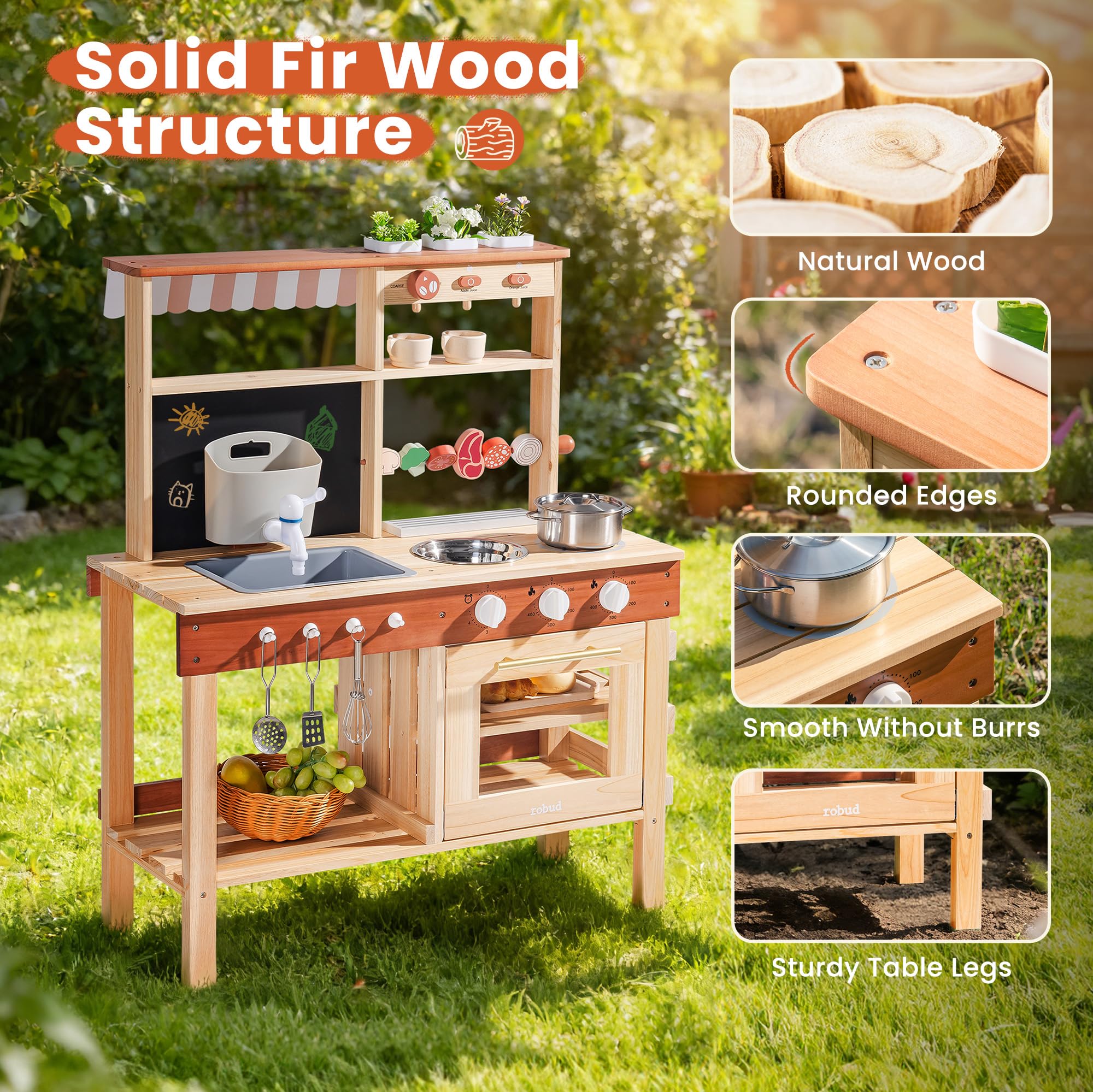 ROBUD Cucina da gioco in legno per bambini, cucina da esterno con lavello, macchina per il caffè, griglia per barbecue, forno e lavagna, gioco di finzione con accessori per bambini bambine 3+