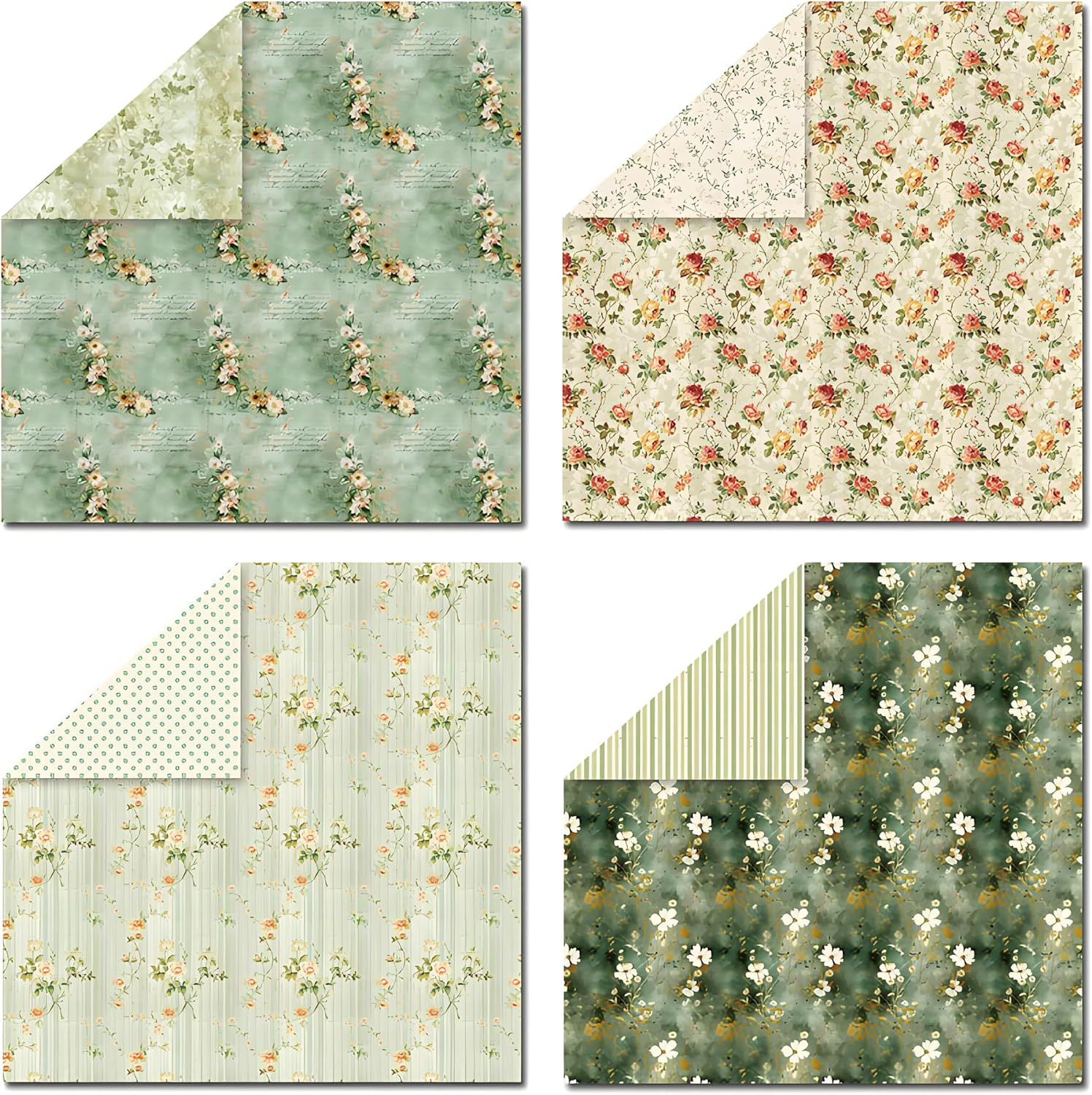 VIVIQUEN 24 Sheets Green Floral Double-Sided Scrapbook Paper, 12x12 Inch Vintage Flowers Texture Craft Paper Folded Flat for DIY Decorative Background Card Making Photo Album Junk Journal Decor