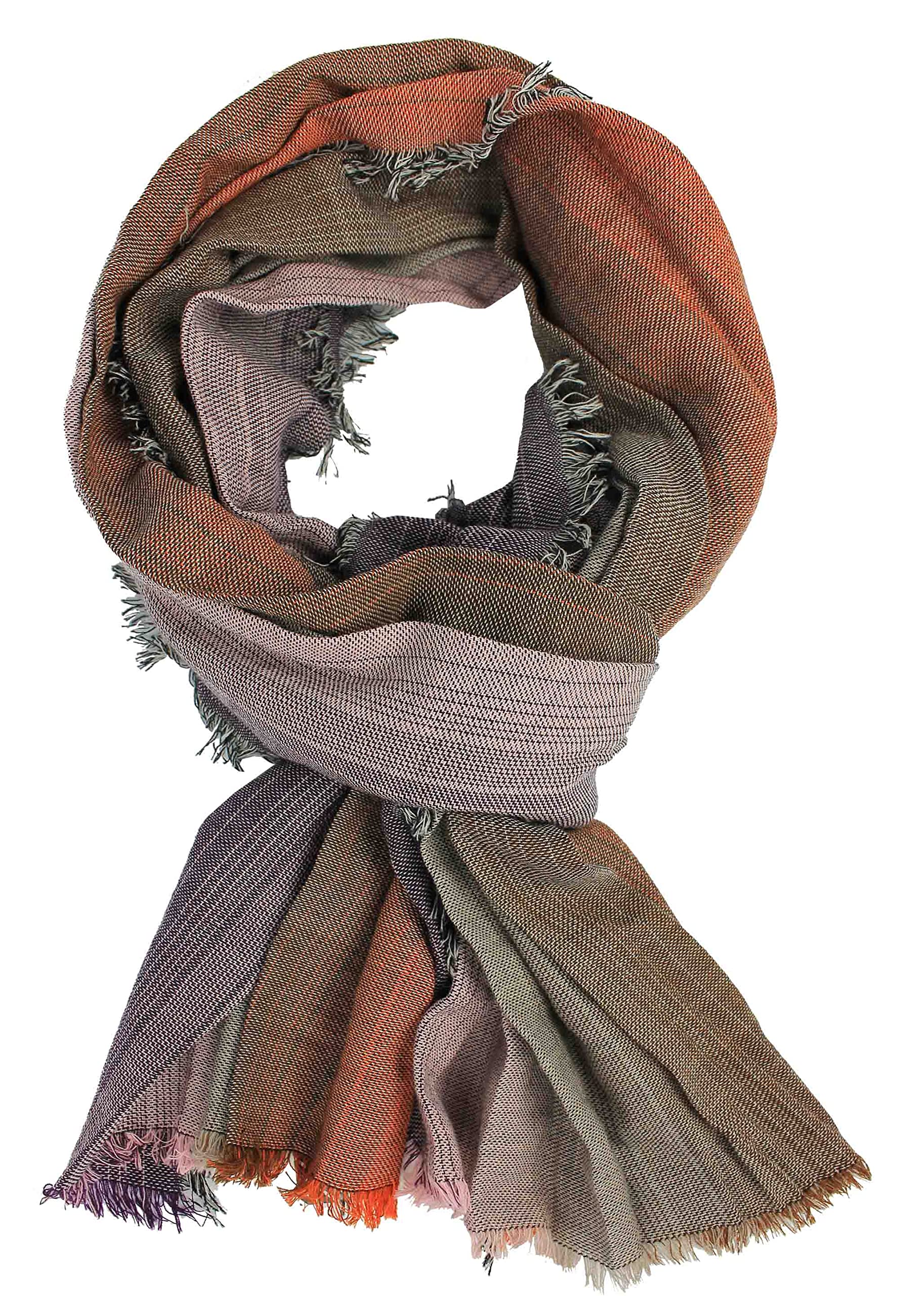 Sciarpa di lana da donna, effetto stropicciato, motivo a righe, colore viola e arancione, Made in Germany