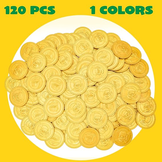 JOYIN 120 Pcs St. Patricks Day Pirate Gold Coins, Doubloons Plastic Fake Gold Coins for Pirate Party Favors Decorations Supplies, Treasure Hunt Children's Birthday Party Small Gift