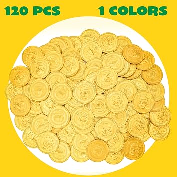 JOYIN 120 Pcs St. Patricks Day Pirate Gold Coins, Doubloons Plastic Fake Gold Coins for Pirate Party Favors Decorations Supplies, Treasure Hunt Children's Birthday Party Small Gift