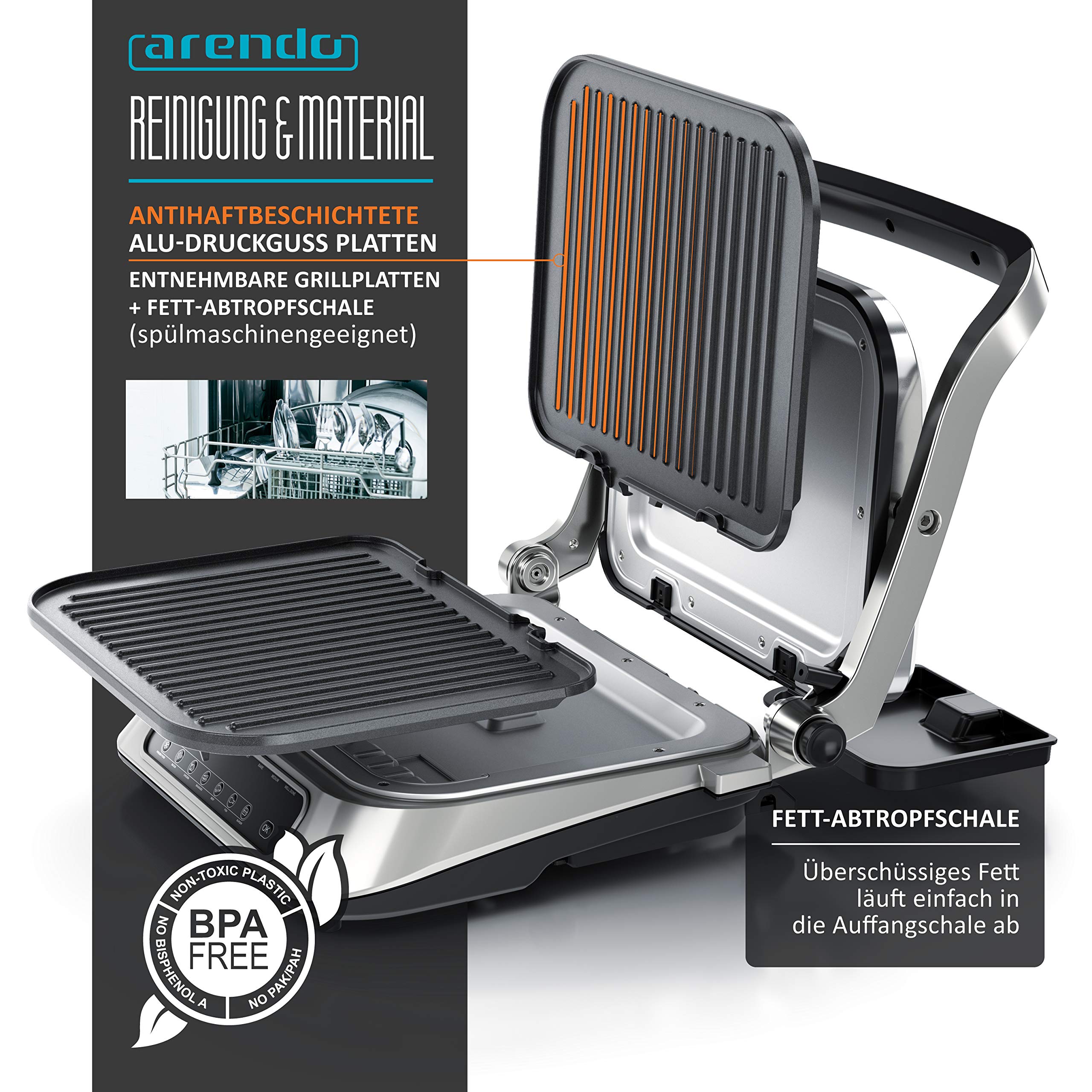 Arendo - Parrilla de contacto - Parrilla eléctrica con control digital de 1900 W - Parrilla de mesa eléctrica Sandwichera - 7 programas - Acero inoxidable antiadherente - Placas extraíbles - GS