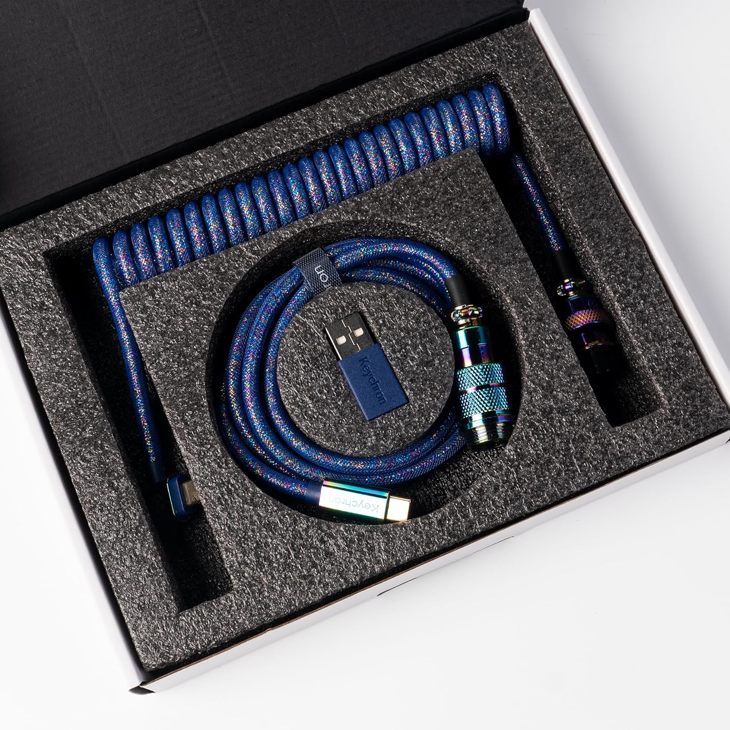 Keychron Premium Coiled USB-C Angled Aviator Cable – Rainbow Plated Blue, 5-Pin GX16 Detachable Metal Connector, USB-A Adapter, Double-Sleeved Design, for Mechanical Keyboards, Charging and Data Sync