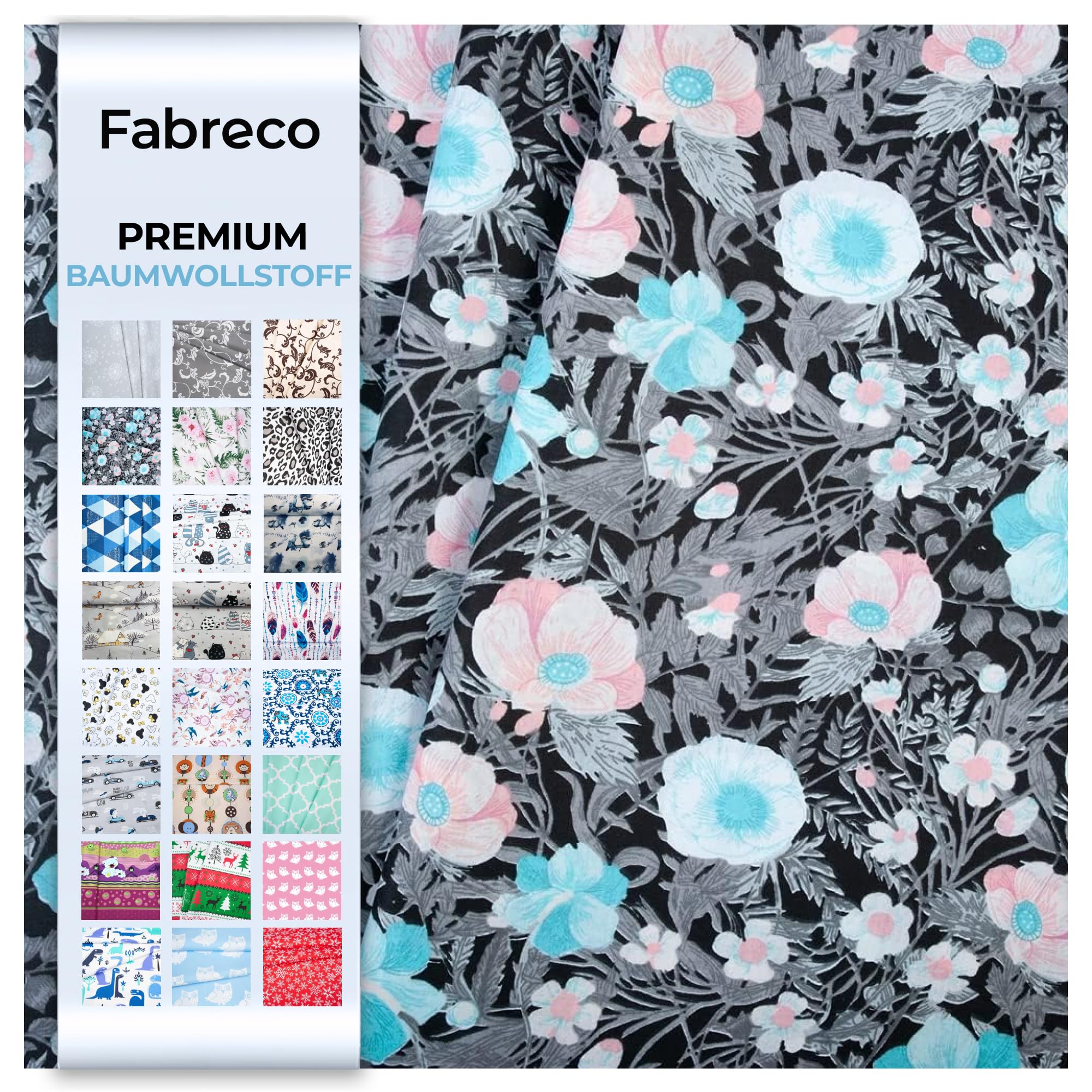 Fabreco - 100% Premium Baumwollstoff Meterware 200x160cm - schwarze Blumen | 220 g/lfm – Weich, langlebig & hautfreundlich | Stoffe Zum Nähen & Dekoration | Stoff Meterware - Fabric