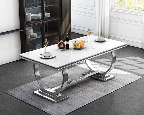 Miniatura 11 de Mesa auxiliar moderna de mármol, rectangular blanca y plateada con base de acero inoxidable en forma de U con acabado espejo plateado para sala de