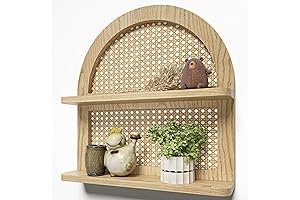 2-Tier Wood Boho Rattan Wall Shelf Natural Wood New Boho Shelf