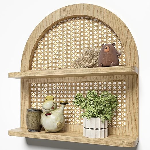 Wood Boho Rattan Wall Shelf 2Tier Arched Wicker Floating
