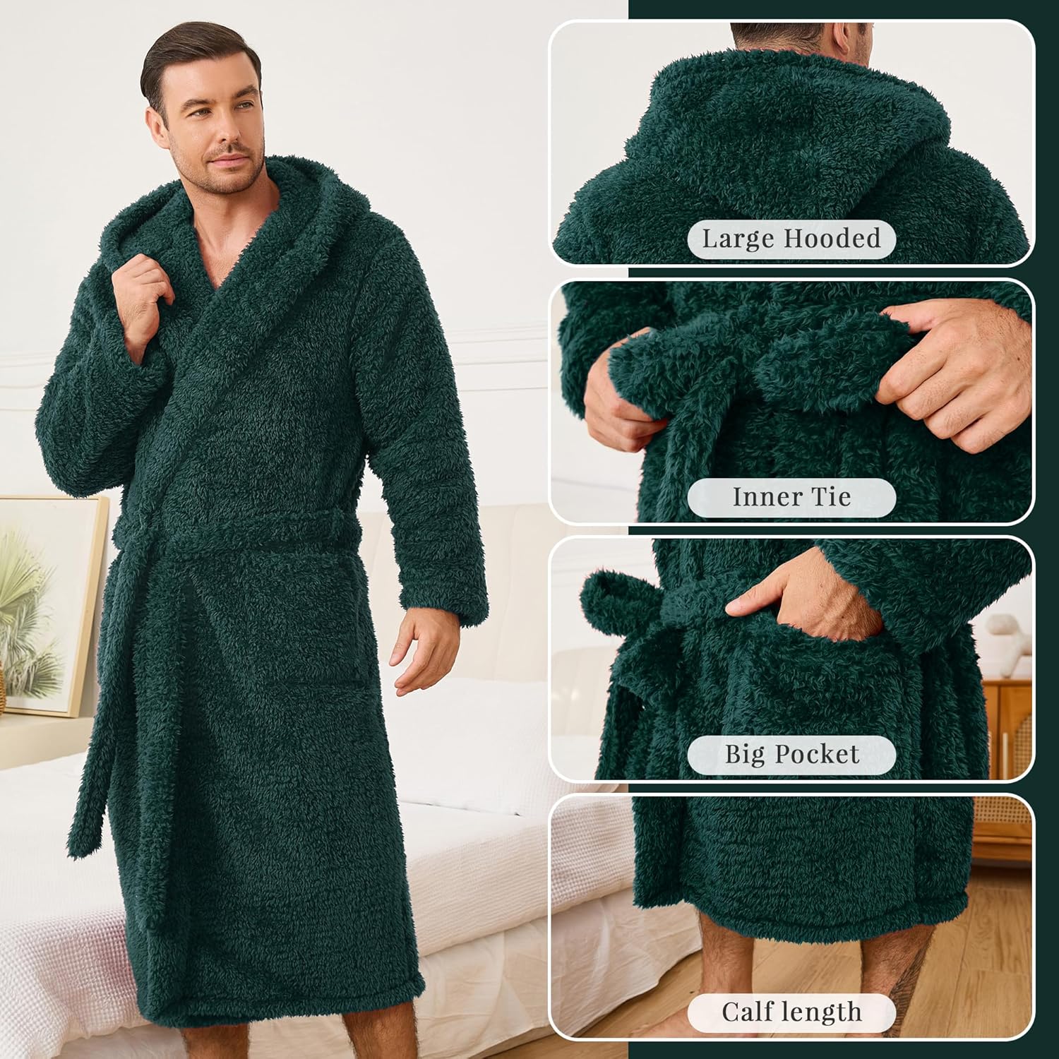 U2SKIIN Men Plush Fleece Hooded Robe, Soft Warm Long Bathrobe with Pockets, Cozy Shower Robe for Men Loungewear