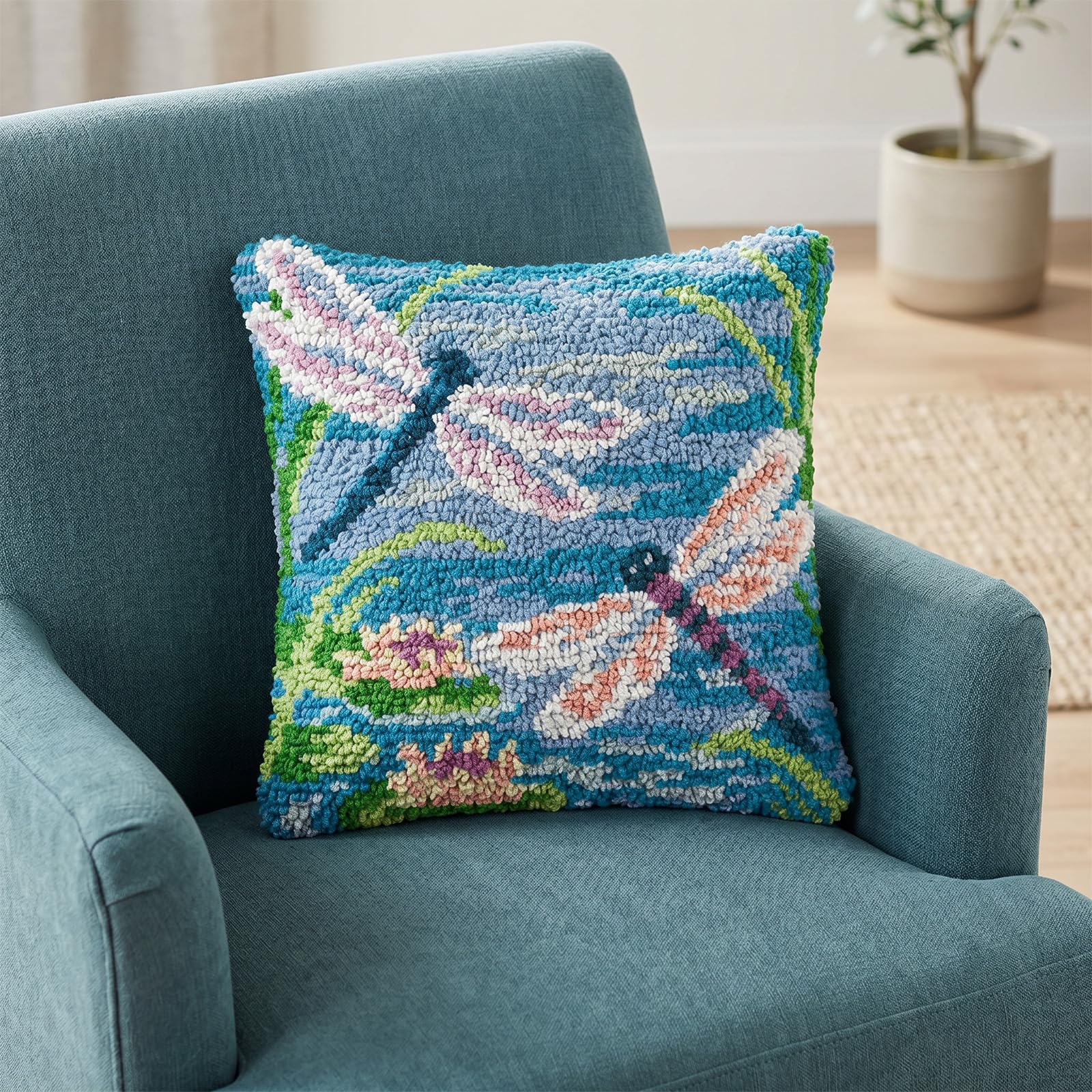 Xqzbmt Dragonfly Cushion Latch Hook Cushion Kits for Adults Beginners, Pre-Printed Canvas DIY Embroidery Cushion Cover, 17x17in Rug Making Kit Home Sofa Festive Decor & Gift — image 1