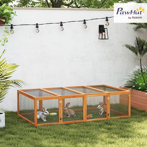 Pawhut Rabbit Run Wooden Rabbit Hutch Cage 6ft with Wire Mesh, Openable Roof, Play Space for Outdoor, 181 x 100 x 48 cm, Natural Wood Finish - 2