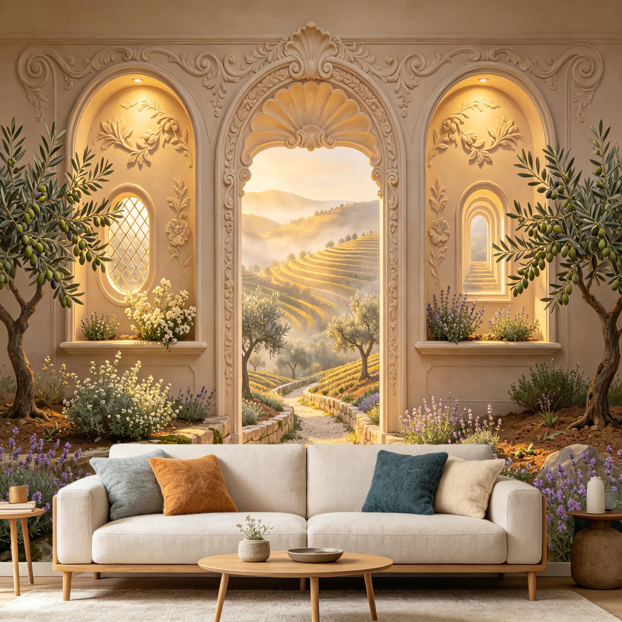 Custom Size Wall Mural， Mediterranean Tuscan Landscape Archway， Olive Trees， 3D Trompe l’oeil， SelfAdhesive Art Prints wall Fabric Removable Large Wallpaper Home Living Room Decor