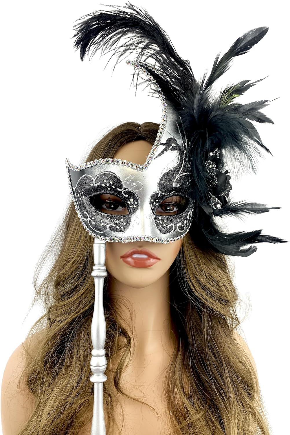 Masquerade Feather Mask with Holding Stick Venetian Women Mask For Halloween Costume Mardi Gras Party For Adult