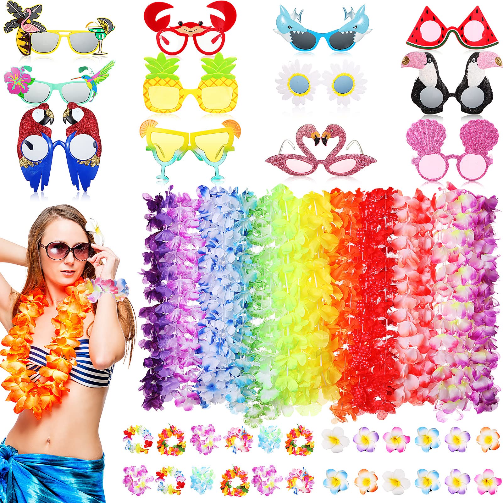 MacarrieMacarrie 48 Pcs Hawaiian Luau Party Supplies Hawaiian Flowers Leis Necklaces Wristband Tropical Luau Party Funny Glasses Hawaiian Flower Hair Clips for Summer Beach Hawaiian Party Decoration