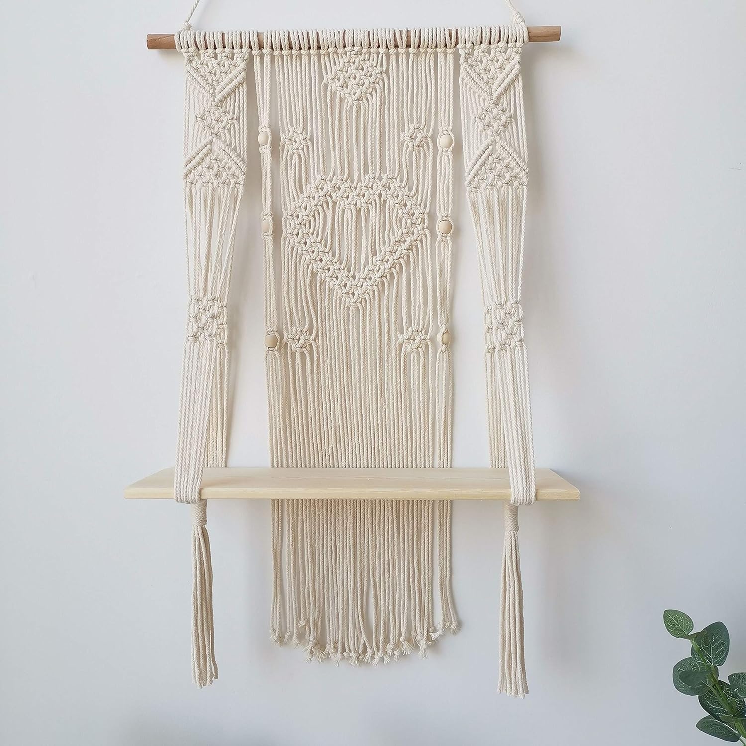 Macrame Wall Hanging Shelf, Wood Floating Hanging Storage Shelf Bohomian Wall Decor (Heart)