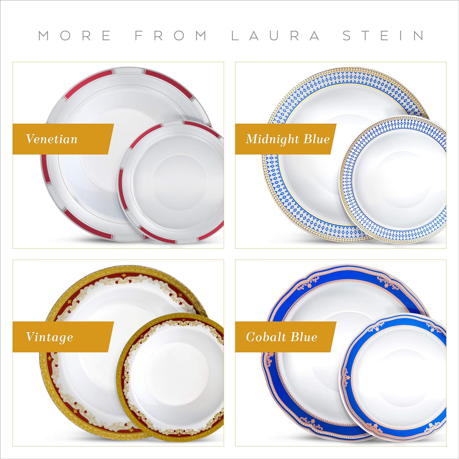 Laura Stein Designer Dinnerware Set | 64 Disposable Plastic Party Bowls | White Plate with Gold Rim & Brushed Grey Accents | Includes 32 x 12 oz Soup Bowls + 32 x 5 oz Dessert Bowls | Traditional