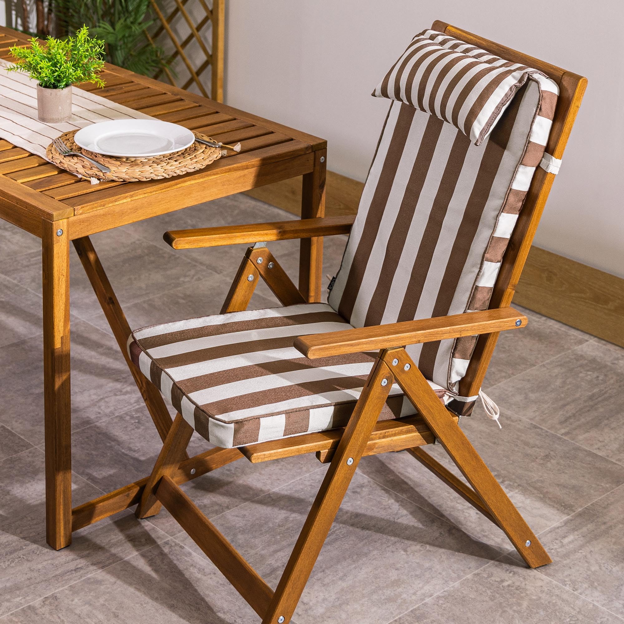 Icon Brown Outdoor High Back Seat Pad With Filling, Stripe