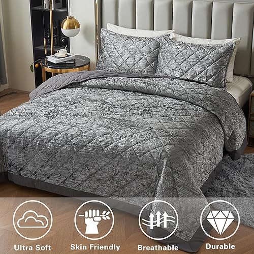 Miniatura 3 de LUCKYBULL Juego de edredón de terciopelo coreano gris, tamaño King XL (104 x 96 pulgadas), 3 piezas de colcha suave con textura de lujo con 2 fundas