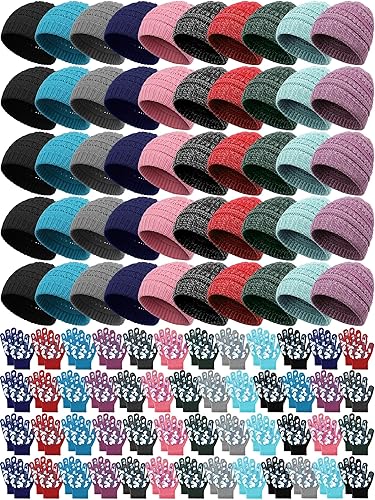 Paquete de 100 gorros y guantes antideslizantes para niños, gorro de punto cálido, guantes de invierno a granel para niños y niñas
