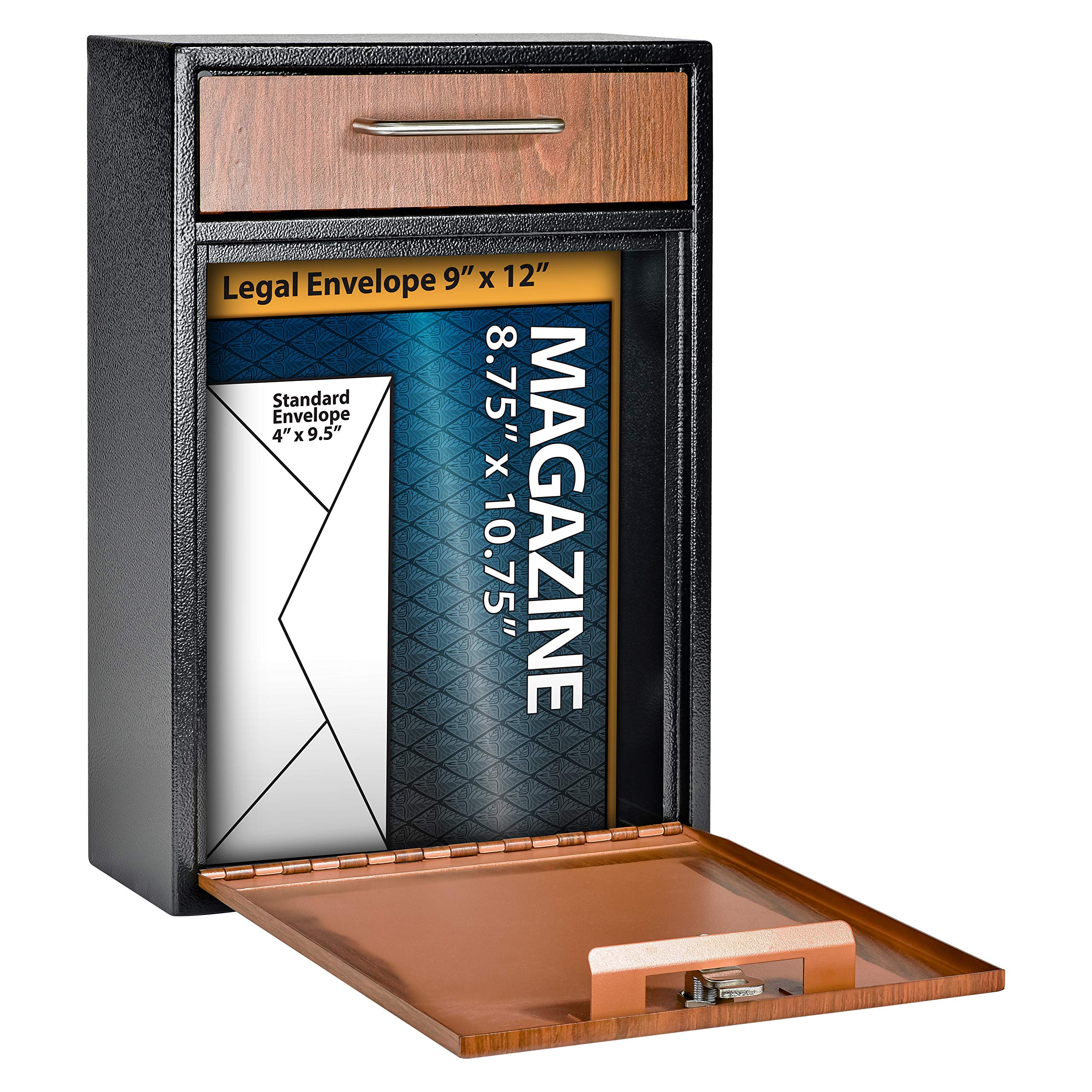Mail Boss 7427 - Buzón de Acero de Alta Seguridad para Montaje en Pared (caída de Oficina, comentario, Carta, Caja de depósito), Negro con Recubrimiento en Polvo de Grano de Madera