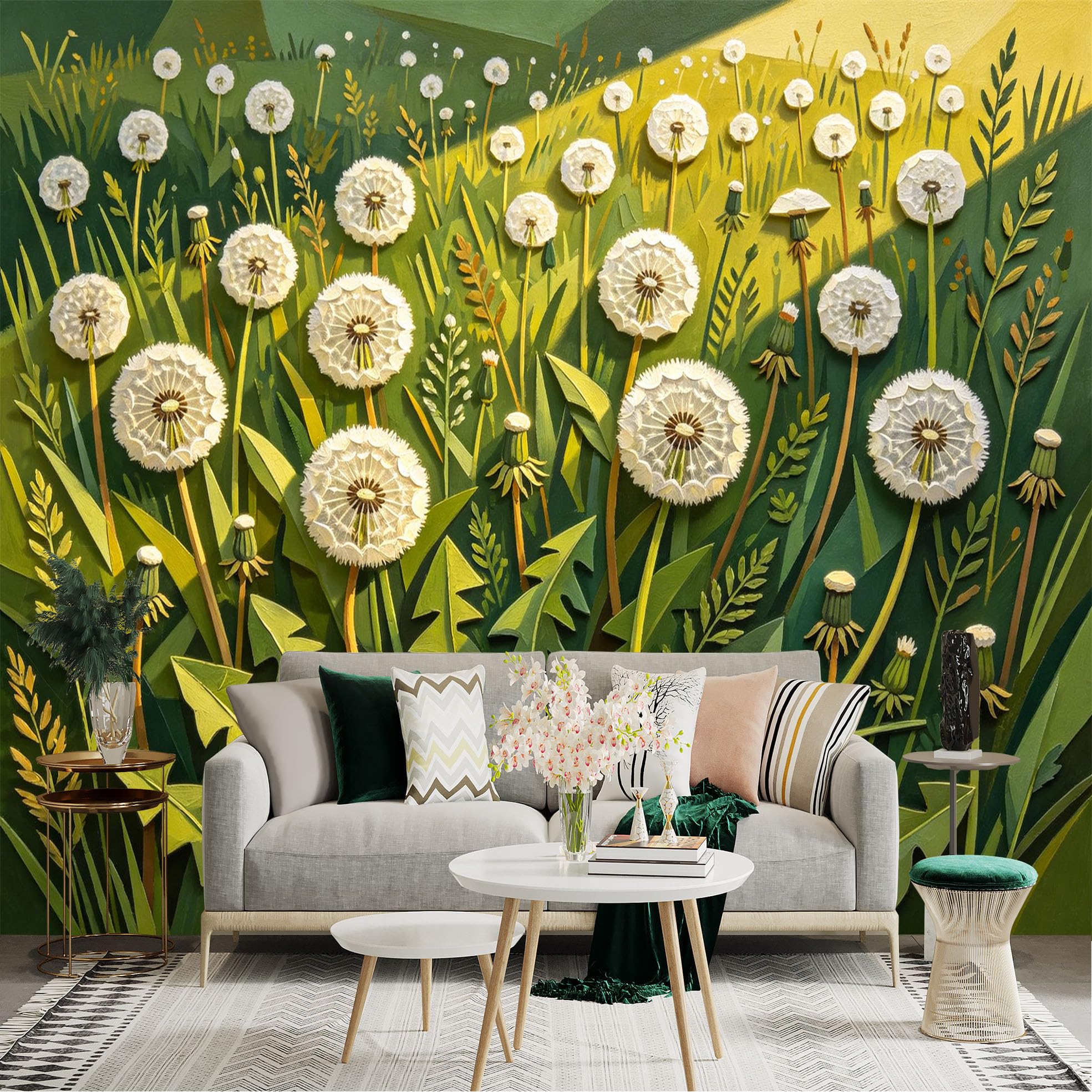 Lnzczhyre Dbh260521603 Custom Size Wall Sticker Mural， White Dandelion Flowers In Spring Meadow， Artistic Botanical Illustration， Fresh Nature Greenery， For Wall Decoration， Peelandstick Wall Decals.