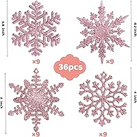 Vista 2 de Joiedomi 36 adornos de copos de nieve con purpurina rosa para árbol de Navidad, adornos colgantes de copos de nieve de plástico para Navidad