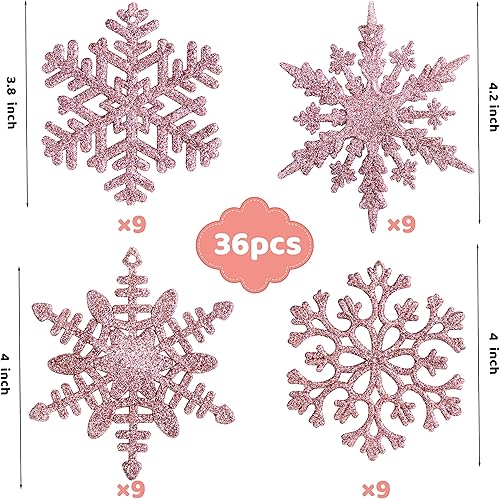 Miniatura 2 de Joiedomi 36 adornos de copos de nieve con purpurina rosa para árbol de Navidad, adornos colgantes de copos de nieve de plástico para Navidad,