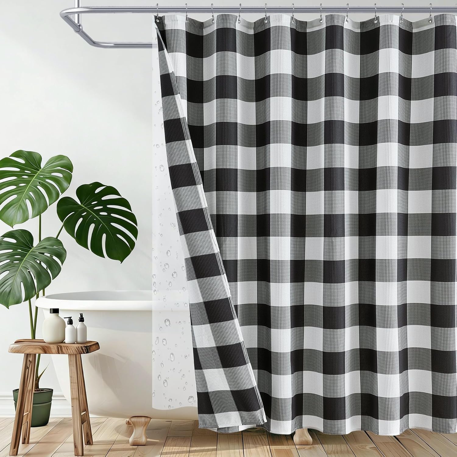 ORTIGIA 3 in 1 Waffle Shower Curtain Set-72x84, Bathroom Curtain with Waterproof PEAV Liner & 12 Stainless Steel Double-Sided Hooks, Black and White Buffalo Plaid Bath Curtain for Modern Farmhouse