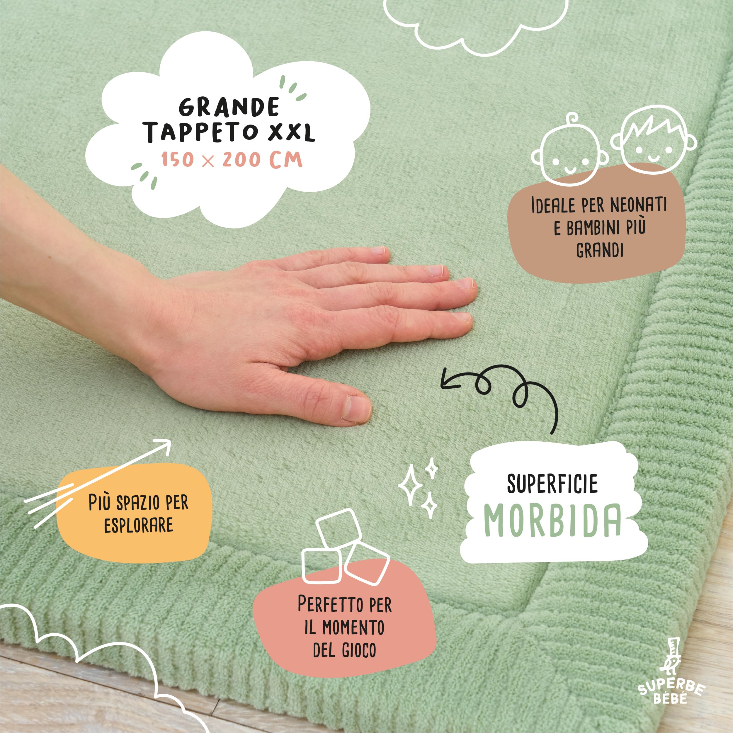 SUPERBE BEBE – Tappeto Gioco per Bambini 150 × 200 × 2,5 cm – Spesso e Antiurto – Schiuma Memory Non Tossica Oeko-Tex – Tappeto per Cameretta e Stanza Giochi – Design Elegante