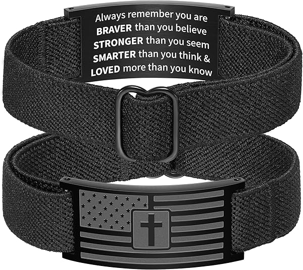 Zocomi American Flag Cross Bible Verse Bracelet for Men Boys, Black Elastic Stretch Strap Adjustable Bracelets Christian Jewelry Gifts