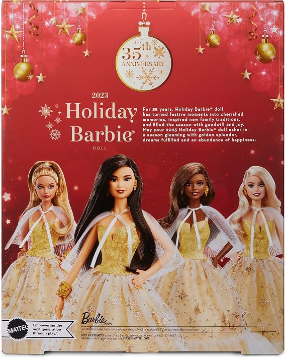 Barbie Signature 2023 Holiday Doll, Black Hair Wearing Golden Gown, Collectible with Doll Stand & Certificate of Authenticity