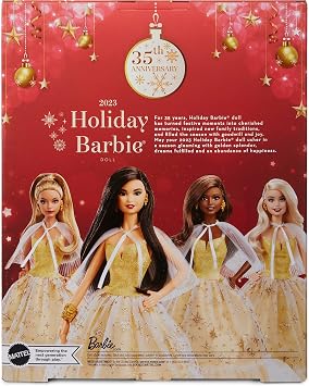Barbie Signature 2023 Holiday Doll, Black Hair Wearing Golden Gown, Collectible with Doll Stand & Certificate of Authenticity