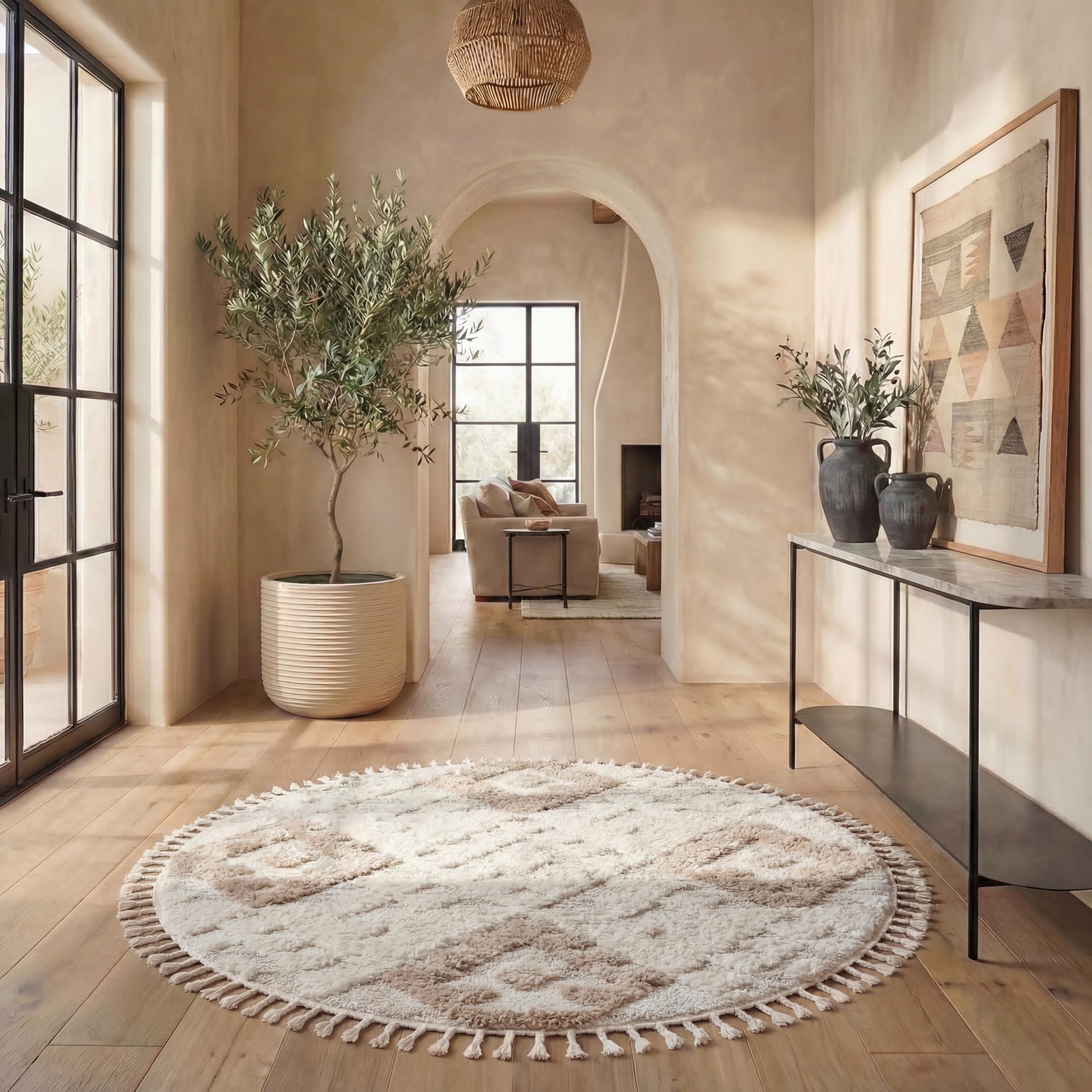 SAFAVIEH Moroccan Tassel Shag Collection Area Rug - 4' Round, Ivory & Beige, Non-Shedding & Easy to Clean