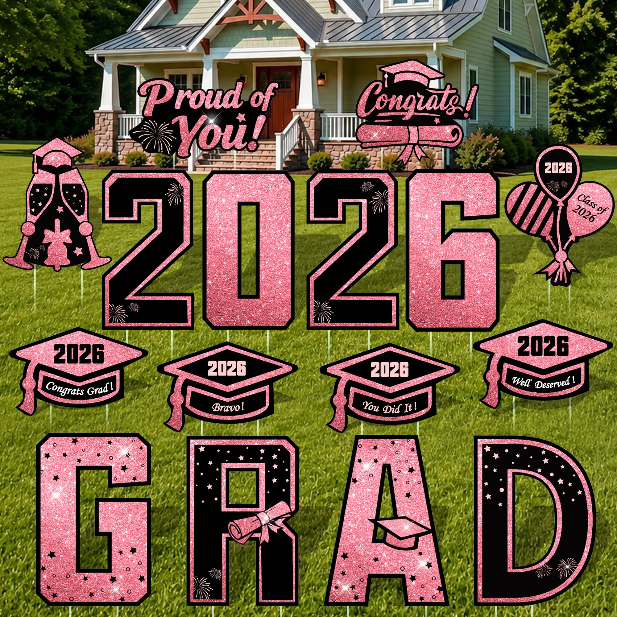 Photo 1 of 16 Pcs Graduation Yard Signs Class of 2026, 16.1" Large Pink Graduation Yard Sign with Stakes, Congrats Grad Sign for Graduation Party Decorations, Outdoor Grad Decorations for College High School