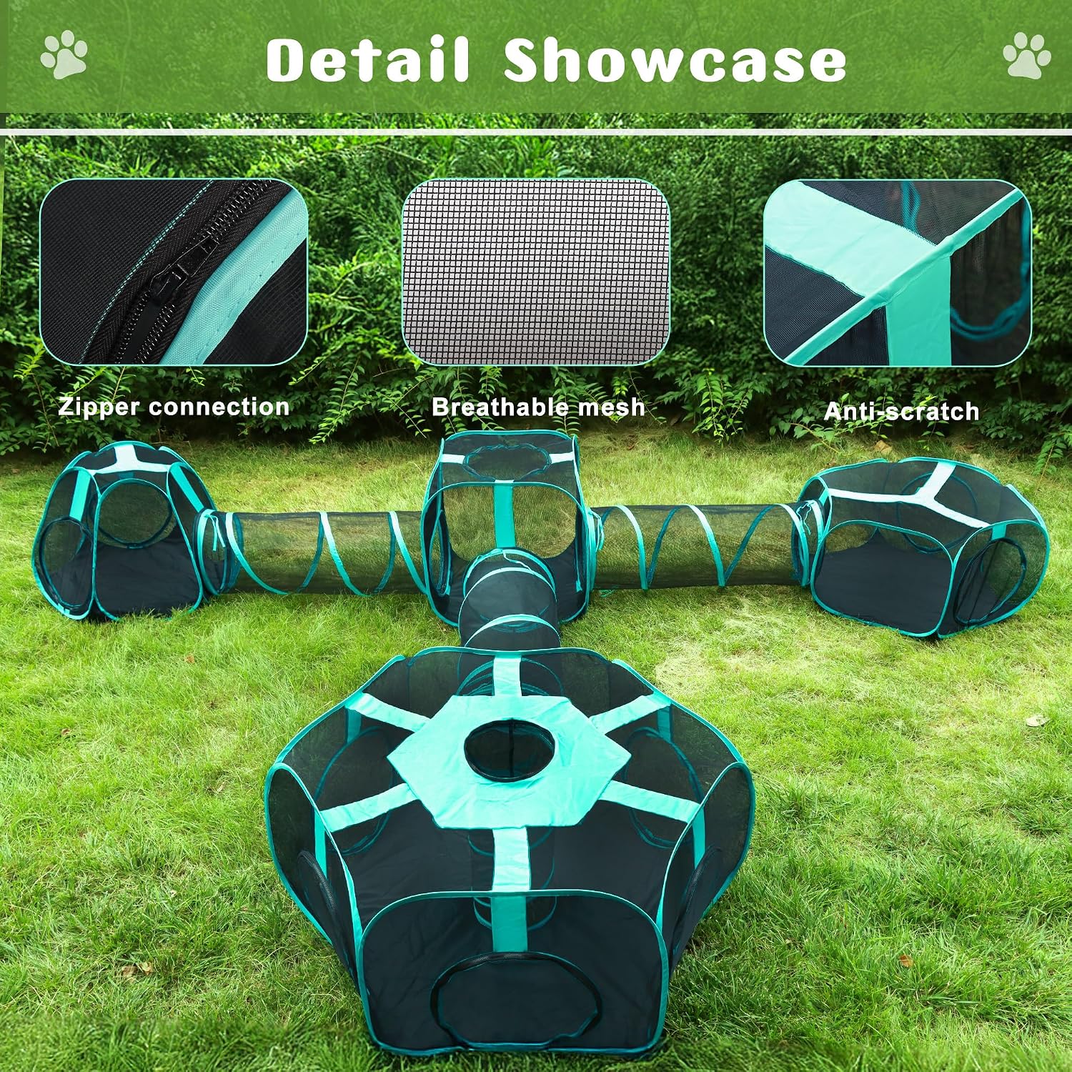 7-in-1 Outdoor Cat Playpen, Pop-up Mesh Cat Tent with Tunnels | Foldable Portable Small Animal Enclosure with Stakes & Storage Bag for Indoor Outdoor Backyard Camping