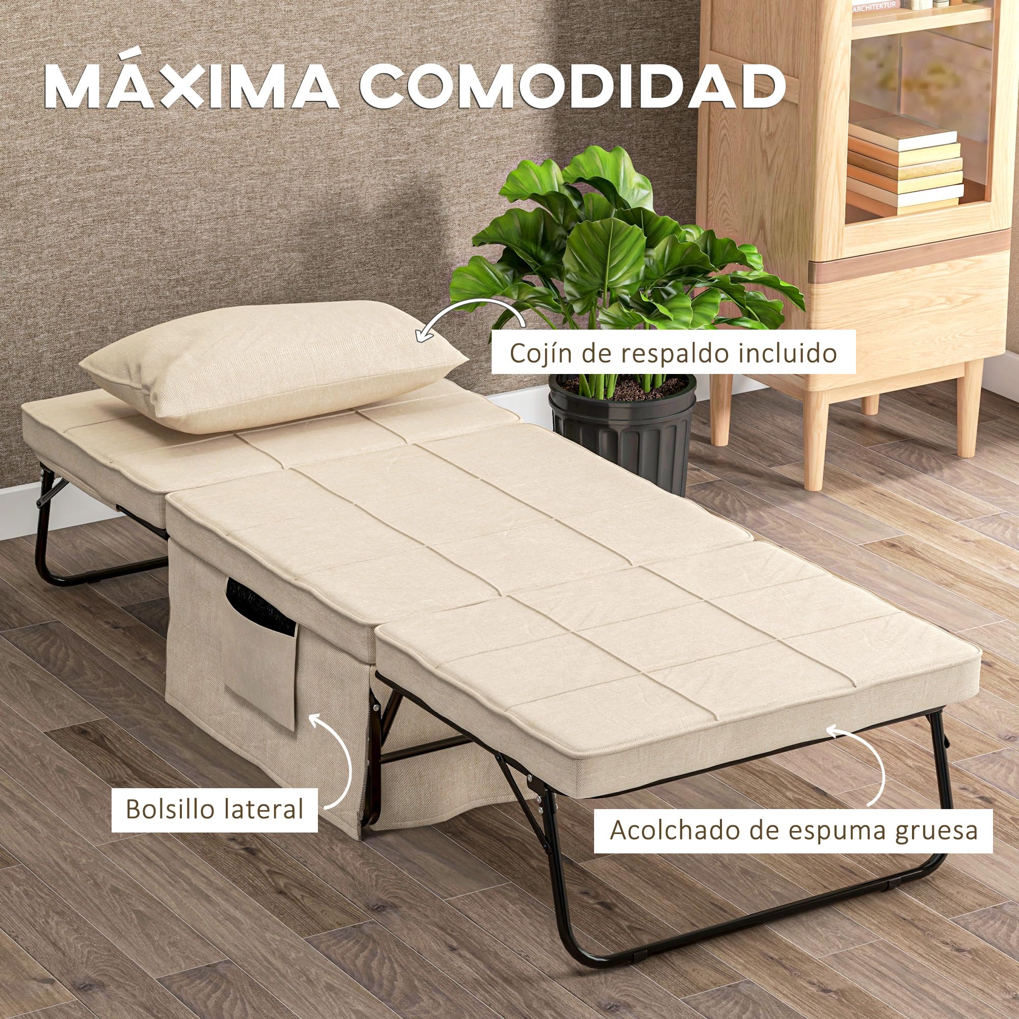 HOMCOM Sofá Cama de 1 Plaza 4 en 1, Sillón Cama Plegable, Otomana, Tapizado en Lino, con Respaldo Ajustable de 5 Niveles, Almohada Acolchada, para Oficina, Dormitorio, Salón, 75x80x74 cm, Crema