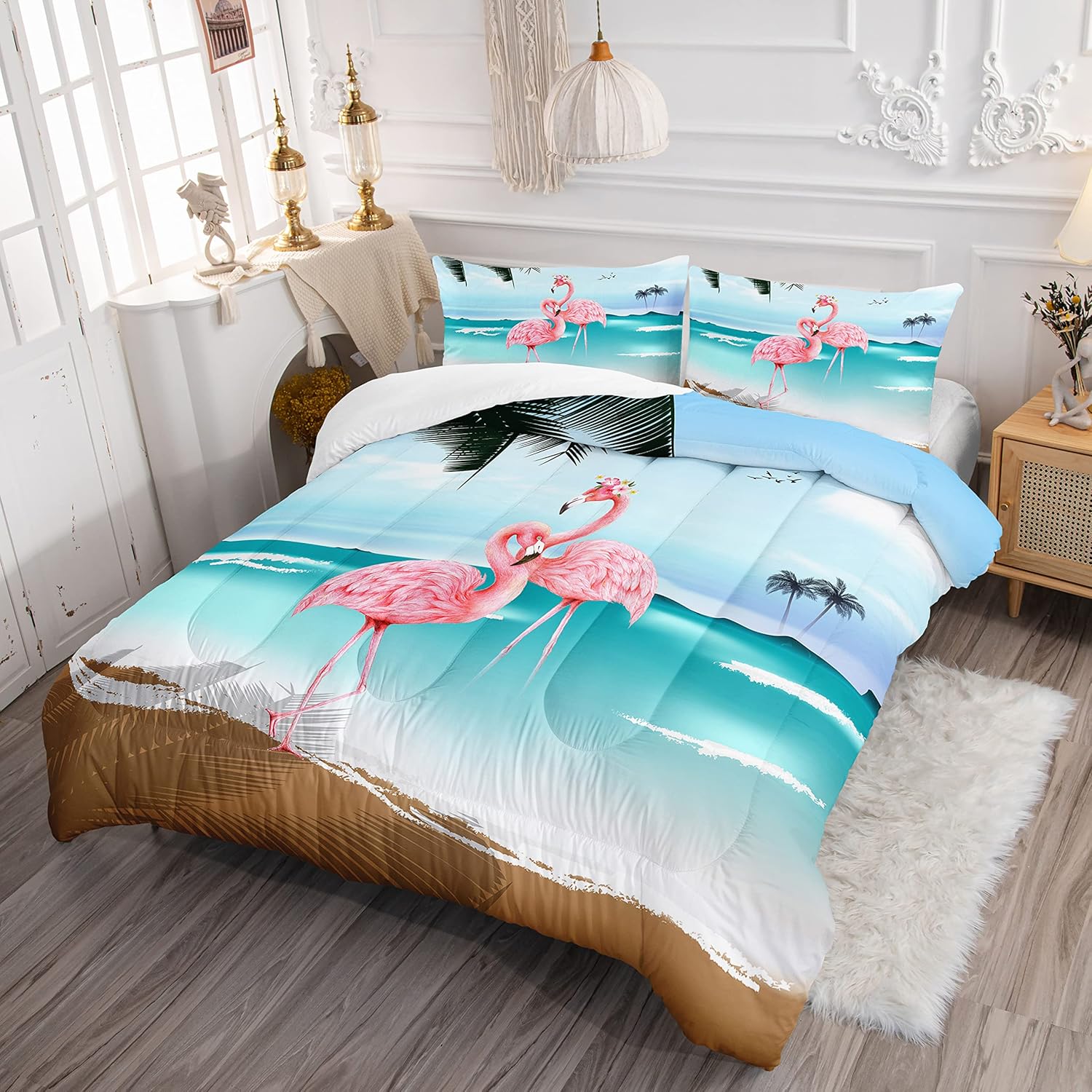 HOSIMA Ocean Beach Comforter Set,Fashion Flamingo Bedding Summer Seaside Nature Scenery Vacation Style Room Decor,Tropical Plants Palm Leaves Queen Comforter Set for Boys Women Girls Teens.