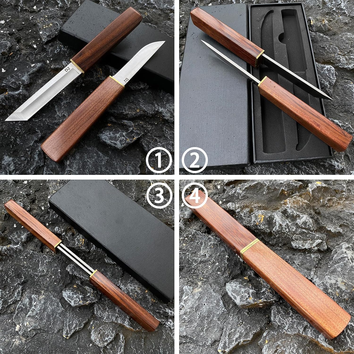 2PCS Katana Japanese Fixed Blade Knife with Wood Handle - D2 Steel Tanto Knife + Drop Point Knifes with Wood Sheath - Tactical Hiking Camping Knives Hunting Survival Tools - Image 3